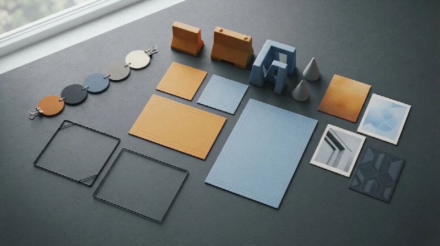 Image-only mood boards, crop guides, and color swatches, generated with AI.