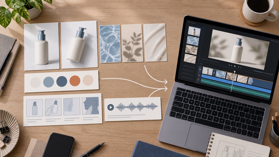 Product images, color references, storyboard panels, and audio prepared for an AI video workflow