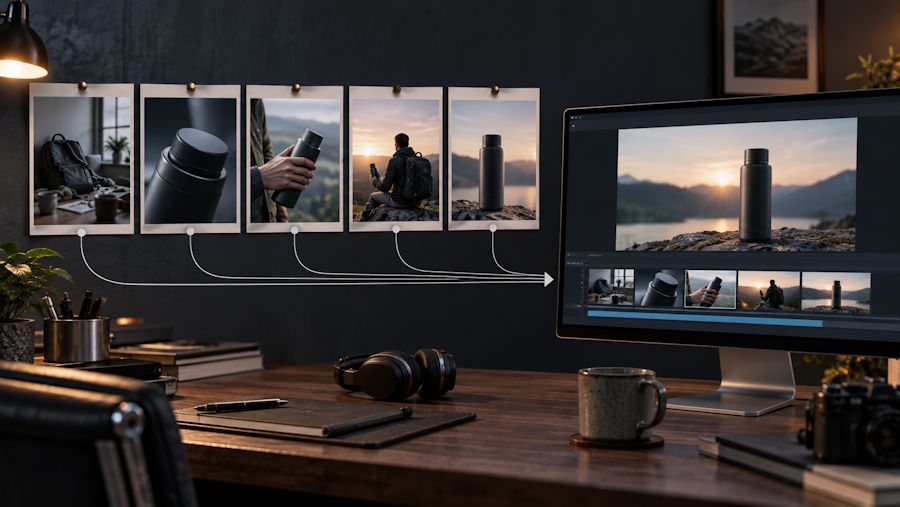 A five-shot product demo storyboard being assembled into a video sequence