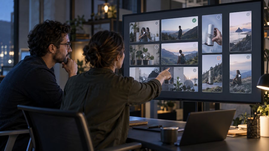 A marketing team reviewing multiple AI-generated product video variations