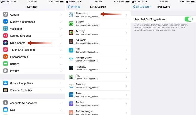 Siri & Search settings for managing app access and suggestions