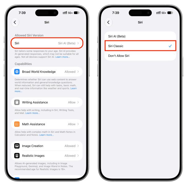 iOS 27 Siri settings showing the Siri Classic option 