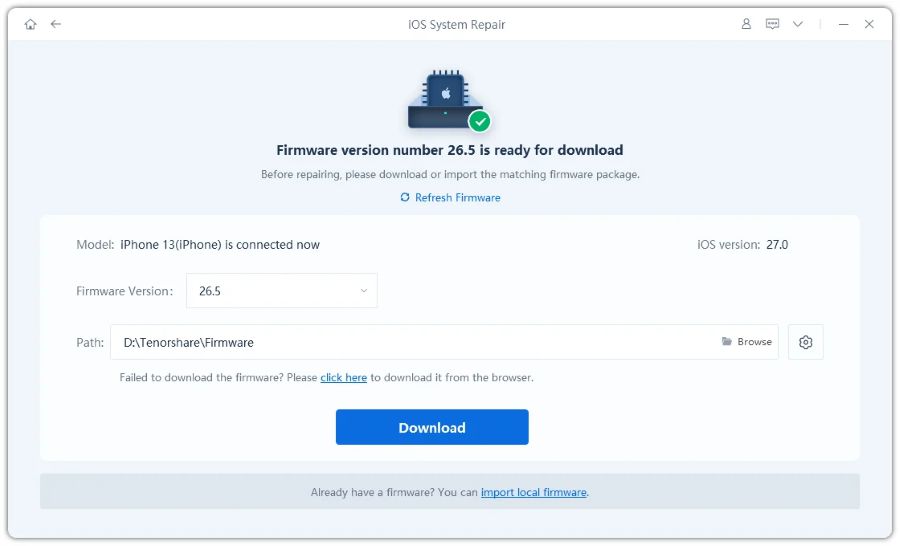 ReiBoot firmware download screen for iOS system repair 