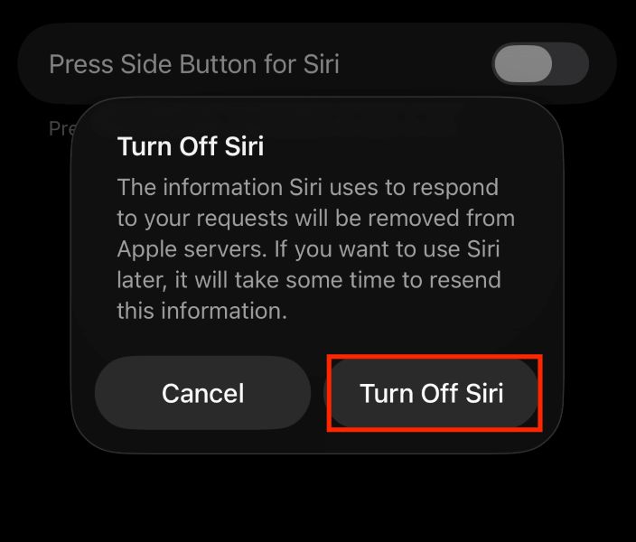 iPhone Settings showing the Turn Off Siri option 