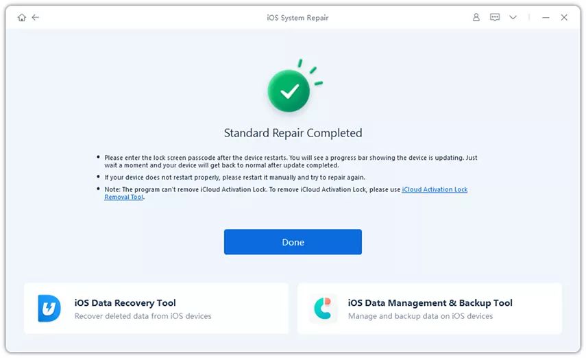 ReiBoot completing iOS system repair on iPhone 