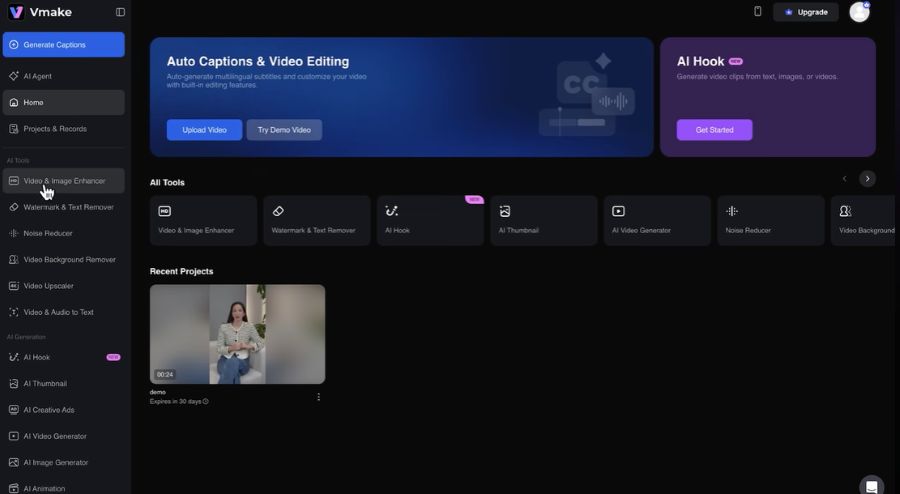 Vmake AI tool for improving video quality online