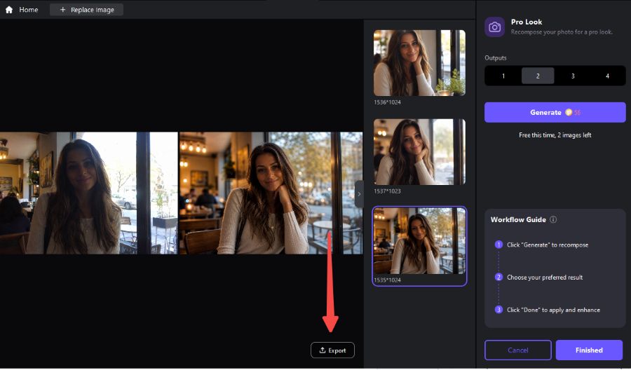 Export the final AI recomposed image from FotorPea