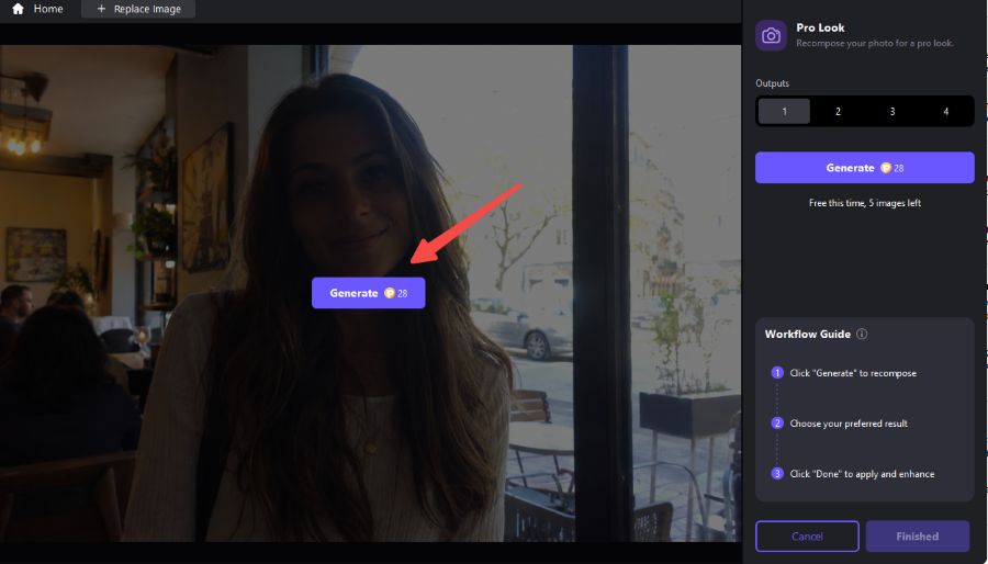 Generate AI Recompose results in FotorPea to improve photo composition