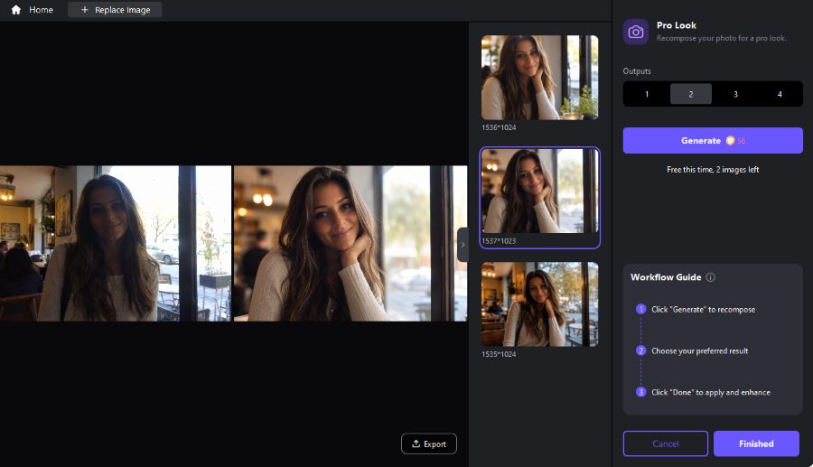 Choose a preferred AI Recompose result and apply photo enhancement in FotorPea