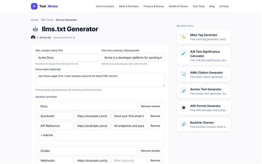 The ToolNimba llms.txt generator