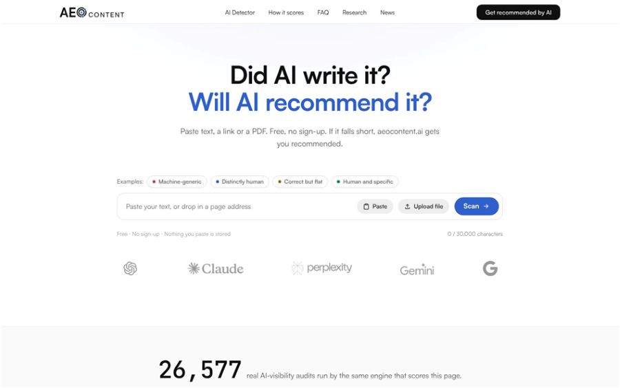 The AEO Content AI Content Detector homepage